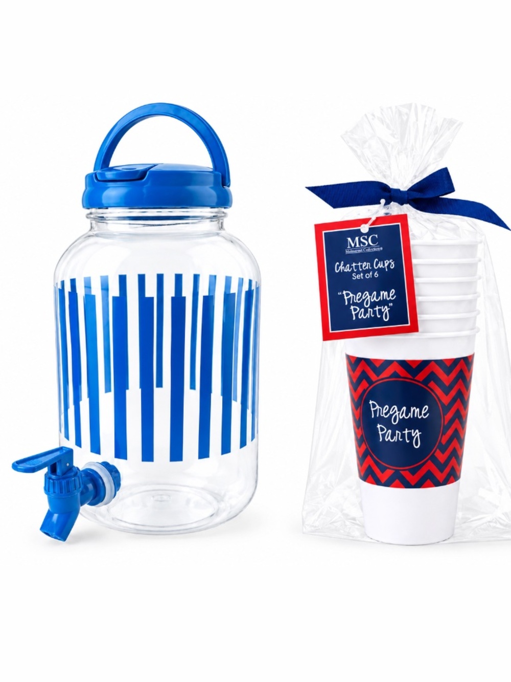Mainstays NWT 1.2 Gal Blue Striped Drink Dispenser + MSC Pregame Party Cups 6PK